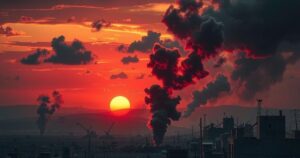 A dramatic military landscape, showcasing the aftermath of airstrikes with dark clouds and smoke against a sunset backdrop.