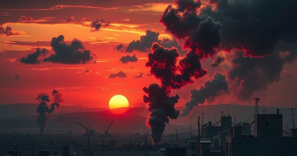 A dramatic military landscape, showcasing the aftermath of airstrikes with dark clouds and smoke against a sunset backdrop.