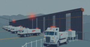 A conceptual illustration of a border wall with law enforcement, detention centers, in a blend of somber colors.