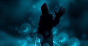 A dark, moody digital art scene depicting a shadowy figure symbolizing online threats, with a blue and gray color scheme.