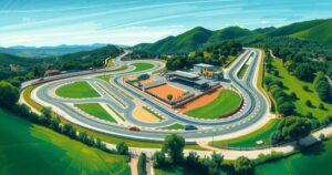 Race track in Mexico with colorful landscapes and challenging curves for motorsport event.