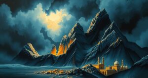 Landscape depicting abstract tensions in the Middle East with dark skies and contrasting highlights of light.