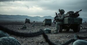 North Korean and Russian military collaboration highlighted by troop training and weapon exchanges in a strategic landscape.
