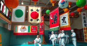 A vibrant martial arts celebration showcasing African GOJU and taekwondo, with banners and colorful decorations.