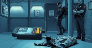 A police operation scene with a focus on a Point of Sale device and abandoned uniform, showcasing investigation activity.