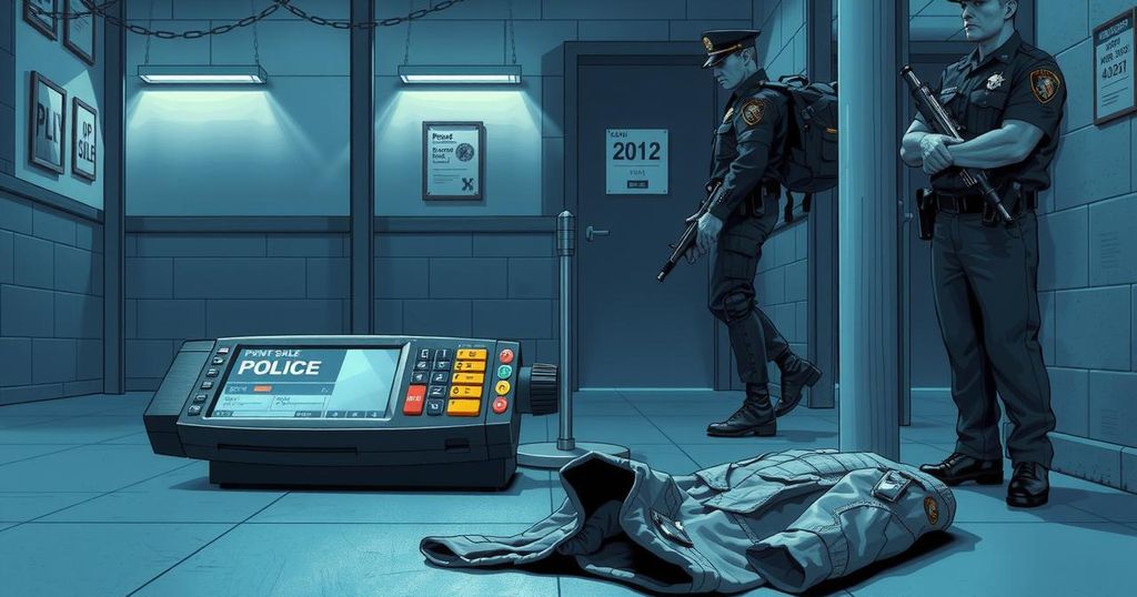 A police operation scene with a focus on a Point of Sale device and abandoned uniform, showcasing investigation activity.