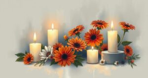 A somber memorial scene with four lit candles and flowers, representing remembrance and honoring lost lives during injustice.
