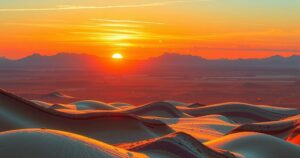A vibrant sunset over Middle Eastern landscapes symbolizing peace talks between nations, featuring warm oranges and calming blues.