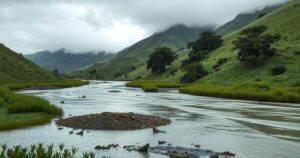 Rural landscape of Eastern Cape with floodwaters and lush green vegetation after heavy rain, in a dramatic weather scene.
