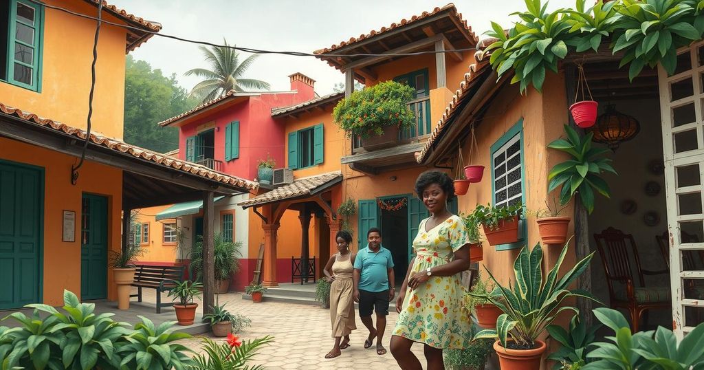 Colorful depiction of a bustling urban community with Haitian culture, focusing on unity and resilience in the face of challenges.