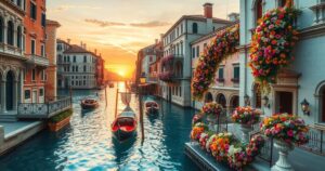 Venice wedding scene with lush canals, elegant architecture, and vibrant floral decorations under a warm sunset light.
