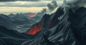 Dramatic landscape of mountainous terrain with craters and smoke, symbolizing a cinematic climax in geopolitical conflict.