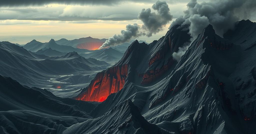Dramatic landscape of mountainous terrain with craters and smoke, symbolizing a cinematic climax in geopolitical conflict.