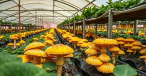 Mushroom farm in Ethiopia showcasing vibrant varieties growing in cultivation sheds under natural light.