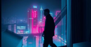 A shadowy figure at a hotel window overlooking a night cityscape, symbolizing a drug syndicate investigation.