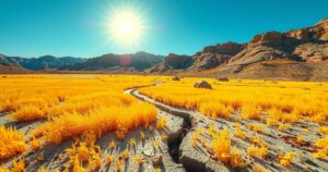 A sun-filled landscape with dry grass and a scorching sun overhead, representing extreme heat in Kazakhstan.