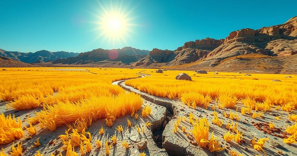 A sun-filled landscape with dry grass and a scorching sun overhead, representing extreme heat in Kazakhstan.
