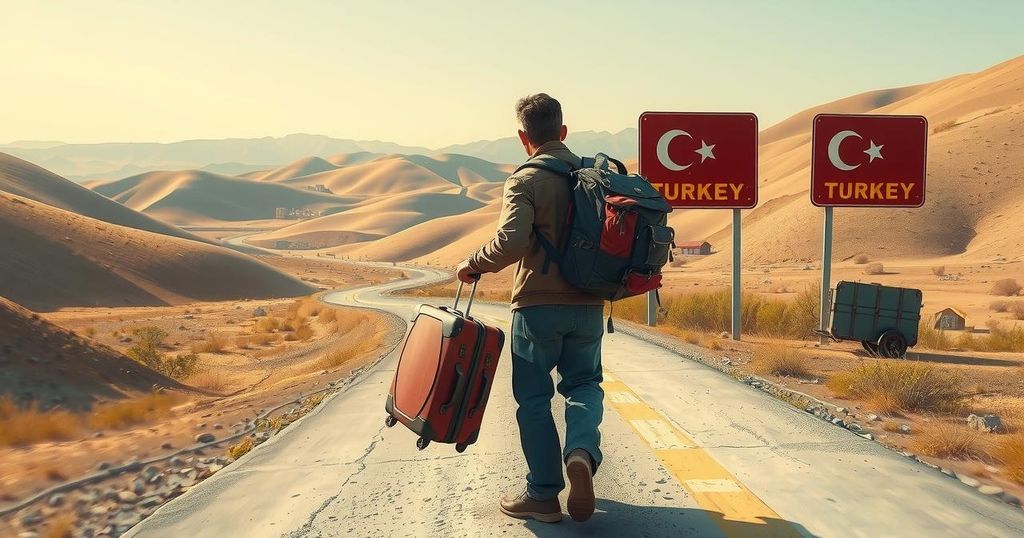 A traveler with luggage navigating a border crossing in the Turkish landscape, symbolizing travel and resilience.