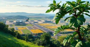 A peaceful landscape of Bugesera, Rwanda with lush greenery and a distant vision of an airport complex under construction.