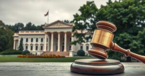A formal setting showcasing a government building and a gavel, symbolizing accountability and justice in governance.
