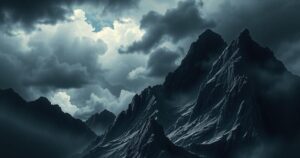 A dramatic landscape featuring stormy skies and dark mountains, symbolizing political tension and conflict.