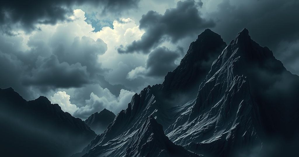 A dramatic landscape featuring stormy skies and dark mountains, symbolizing political tension and conflict.