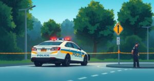 A police checkpoint with a recovered vehicle surrounded by trees and a clear blue sky, depicting law enforcement activity.