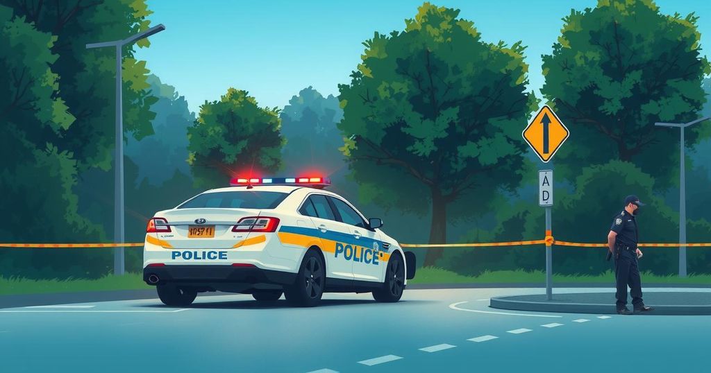 A police checkpoint with a recovered vehicle surrounded by trees and a clear blue sky, depicting law enforcement activity.