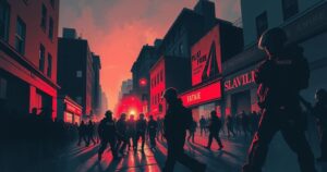 A dramatic scene of a protest in an urban setting with dark tones and strong contrasts highlighting tension.