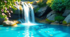 A scenic view of a tranquil waterfall cascading into a blue pool surrounded by lush greenery and vibrant flowers.