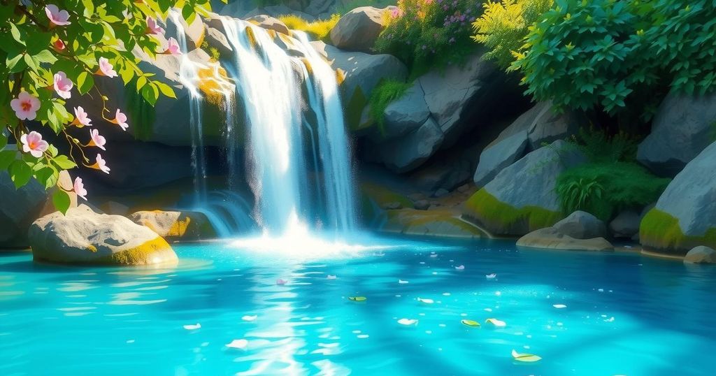 A scenic view of a tranquil waterfall cascading into a blue pool surrounded by lush greenery and vibrant flowers.