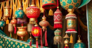 Colorful traditional decorations for Eid Al-Adha celebration in Nigeria with vibrant patterns and festive ambiance.
