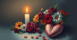 A muted palette of grief symbols with a candle, flowers, and a broken heart representing the loss of a loved one.