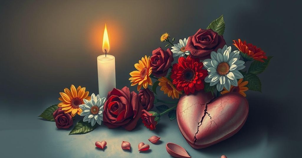A muted palette of grief symbols with a candle, flowers, and a broken heart representing the loss of a loved one.