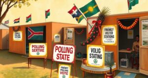 Namibian polling stations with voters and flags amidst regional celebration atmosphere in warm tones.