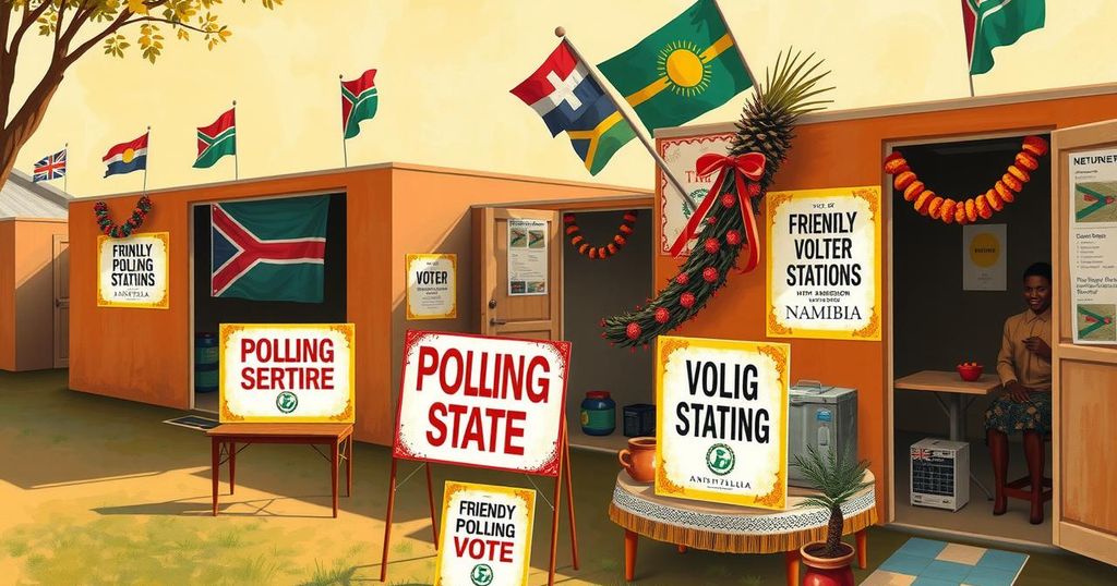 Namibian polling stations with voters and flags amidst regional celebration atmosphere in warm tones.