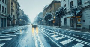 A dramatic scene of a hailstorm in an urban setting with flooded streets and abandoned outdoor furniture.