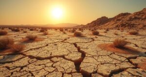 A barren landscape with dried plants under a scorching sun, showcasing extreme heat and desolation rarely seen.