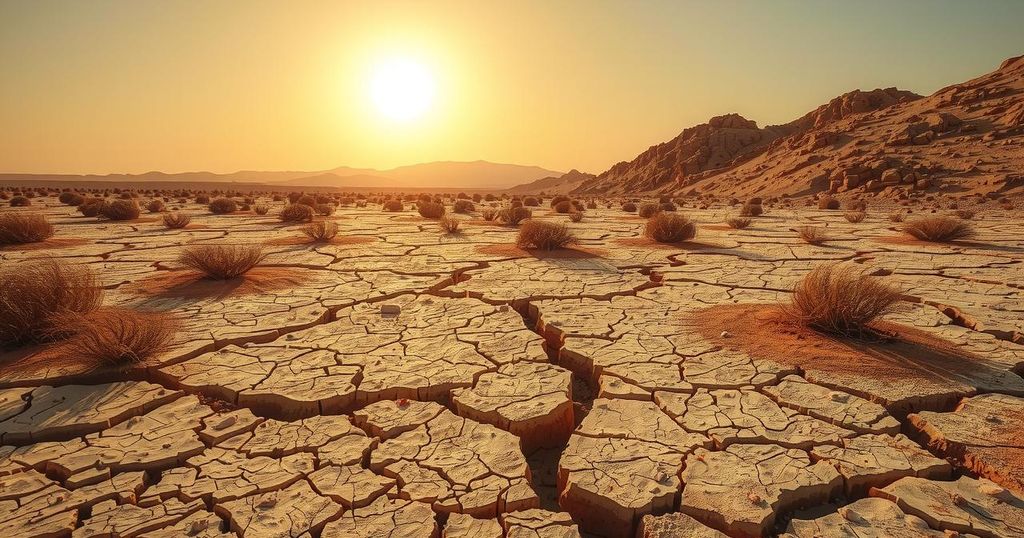 A barren landscape with dried plants under a scorching sun, showcasing extreme heat and desolation rarely seen.