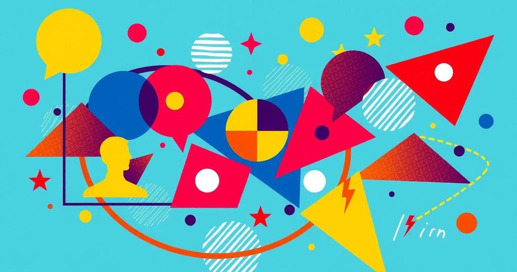 An abstract design with vibrant colors and geometric shapes representing modern virtual discussions