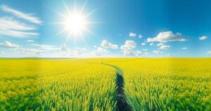 A serene landscape with a lush green field and a clear blue sky, symbolizing resilience and hope for the future.