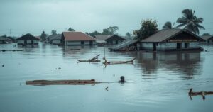 A devastated scene with flooded homes and debris in a Nigerian town, showcasing the aftermath of a severe flood disaster.