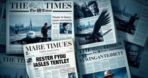 A newspaper collage depicting various headlines about international tensions and military actions with a dark color scheme.