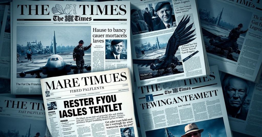 A newspaper collage depicting various headlines about international tensions and military actions with a dark color scheme.