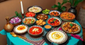 Moroccan food festival featuring vibrant dishes and spices in a cozy dining setting.