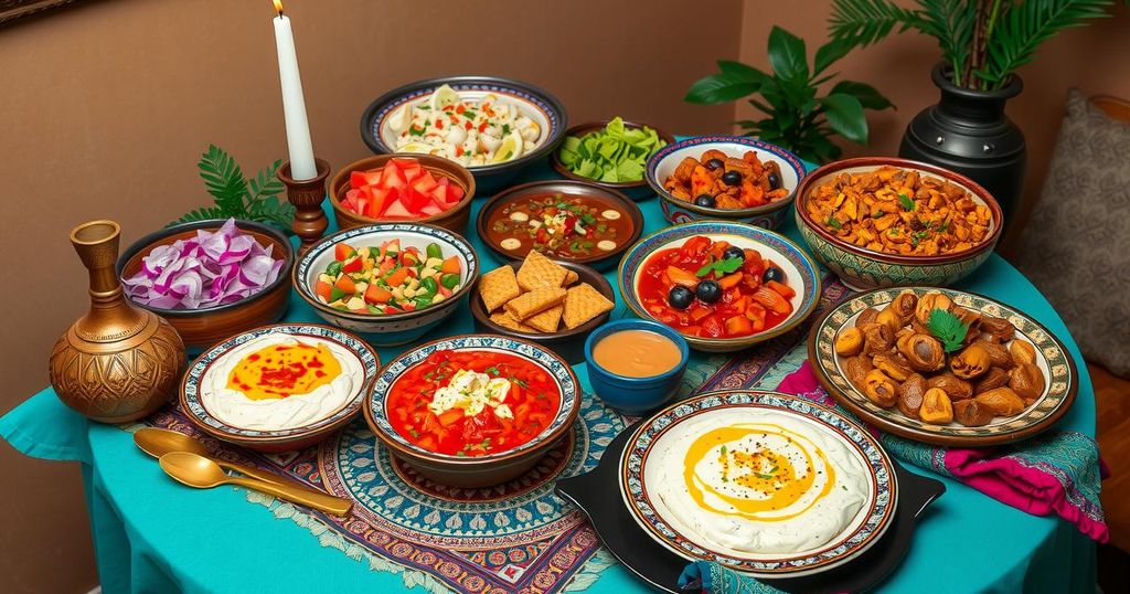 Moroccan food festival featuring vibrant dishes and spices in a cozy dining setting.