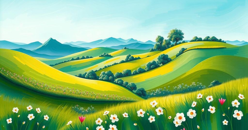 A serene landscape depicting a welcoming nature scene, showcasing hope and resilience for refugees.