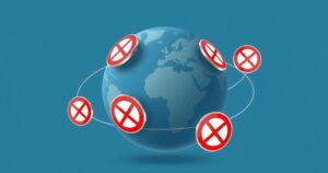Illustration of a globe surrounded by travel restriction symbols, showing effects on Cuba, Venezuela, and Haiti.