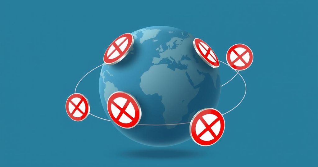 Illustration of a globe surrounded by travel restriction symbols, showing effects on Cuba, Venezuela, and Haiti.