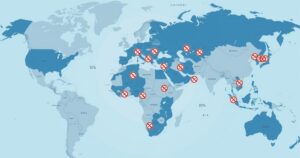 Map depicting travel restrictions for international travelers from various countries, emphasizing limitations and guidelines.